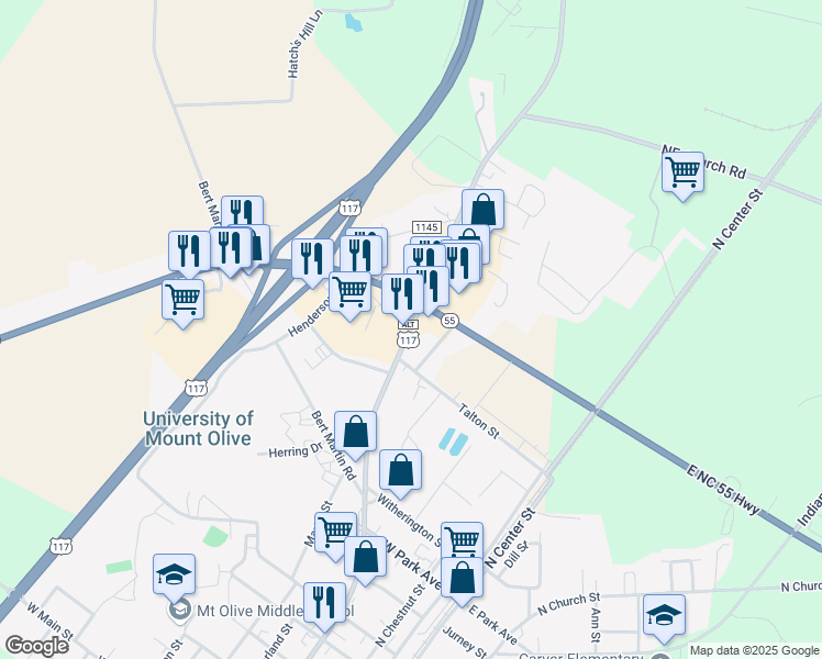 map of restaurants, bars, coffee shops, grocery stores, and more near 1017 North Breazeale Avenue in Mount Olive