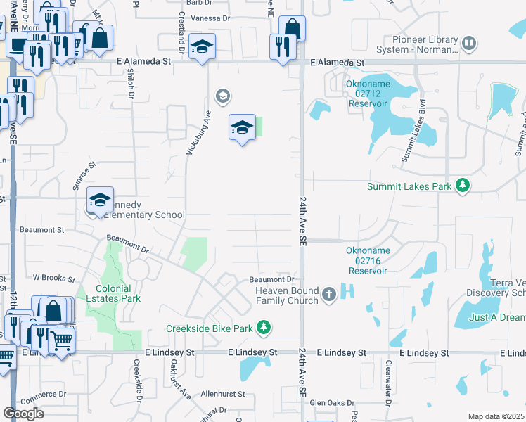 map of restaurants, bars, coffee shops, grocery stores, and more near 2209 Lafayette Drive in Norman