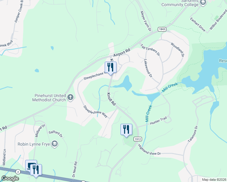 map of restaurants, bars, coffee shops, grocery stores, and more near 187 Knoll Road in Southern Pines