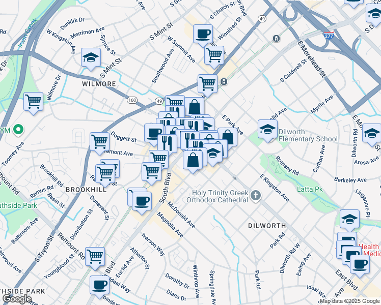 map of restaurants, bars, coffee shops, grocery stores, and more near 1817 South Boulevard in Charlotte