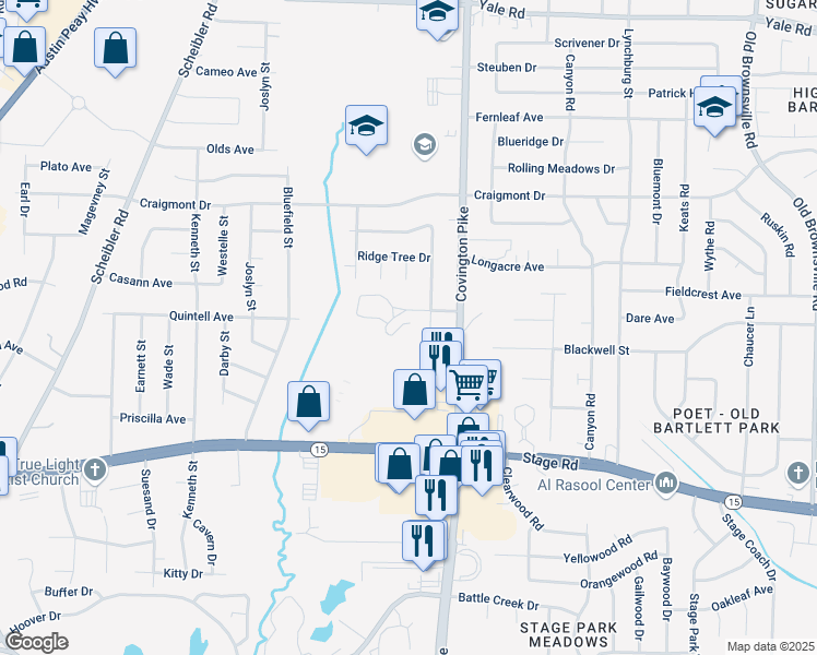 map of restaurants, bars, coffee shops, grocery stores, and more near 5005 Cobalt Cove in Memphis