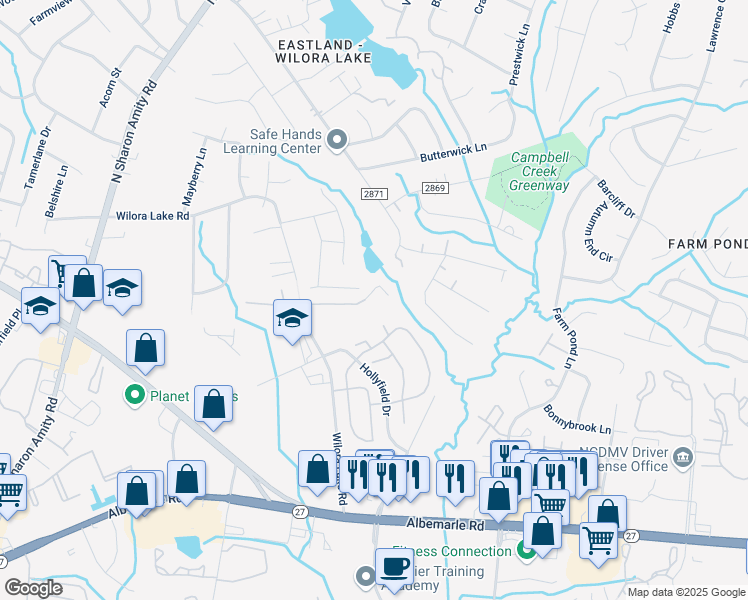 map of restaurants, bars, coffee shops, grocery stores, and more near Vernedale Glen Dr in Charlotte