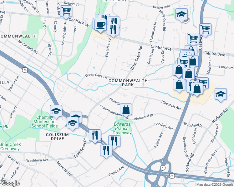 map of restaurants, bars, coffee shops, grocery stores, and more near 3115 Creighton Drive in Charlotte