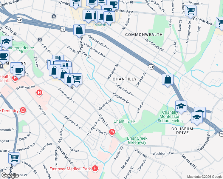 map of restaurants, bars, coffee shops, grocery stores, and more near 2321 Kingsbury Drive in Charlotte