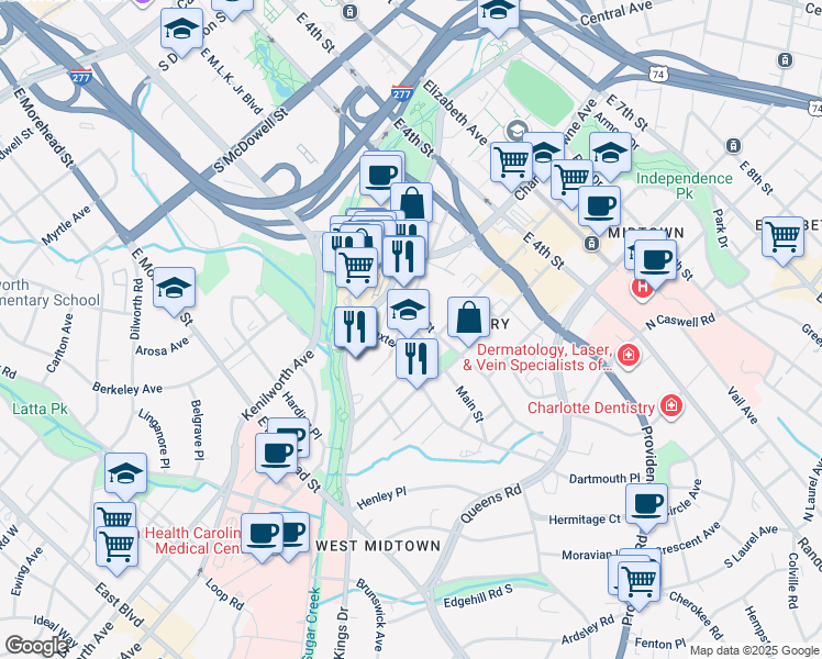 map of restaurants, bars, coffee shops, grocery stores, and more near 1408 Main Street in Charlotte
