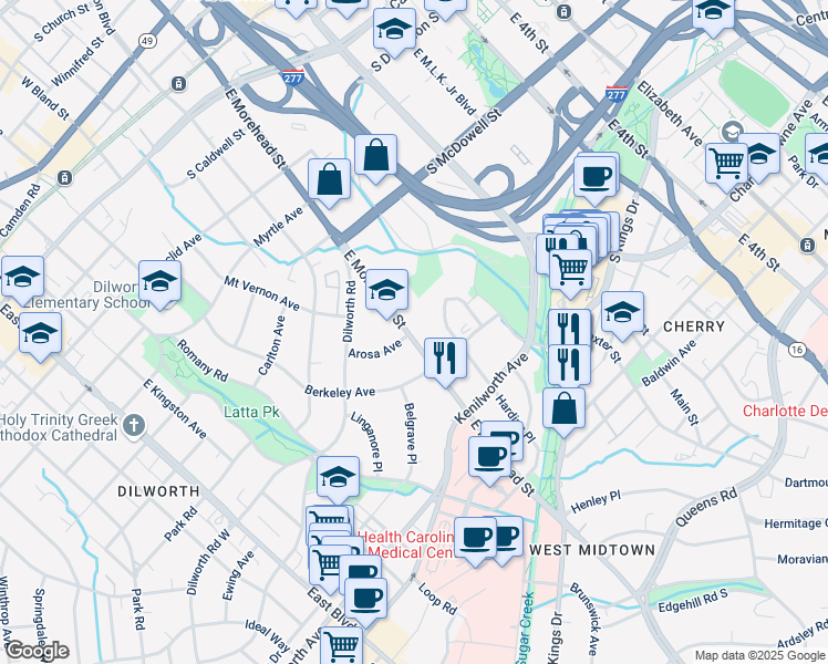 map of restaurants, bars, coffee shops, grocery stores, and more near 1115 East Morehead Street in Charlotte