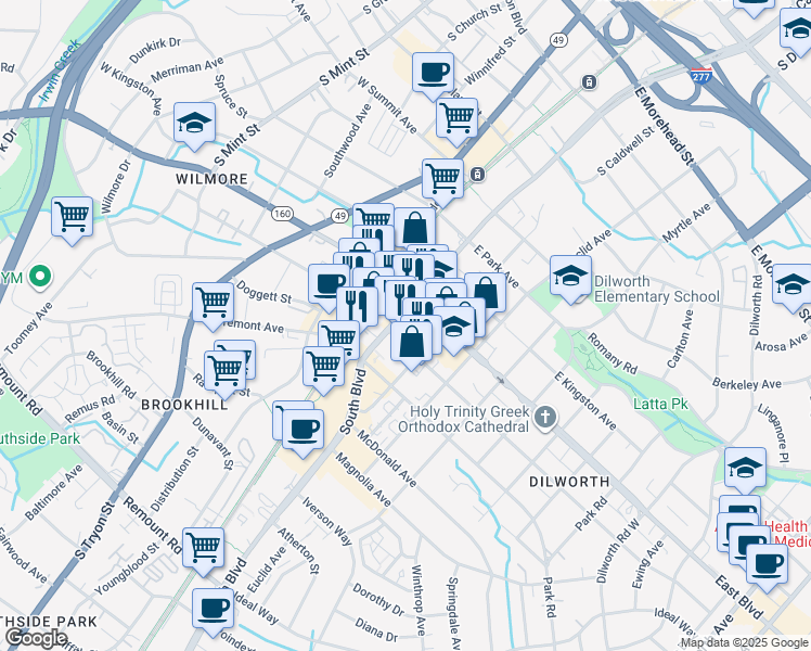 map of restaurants, bars, coffee shops, grocery stores, and more near 208 East Boulevard in Charlotte