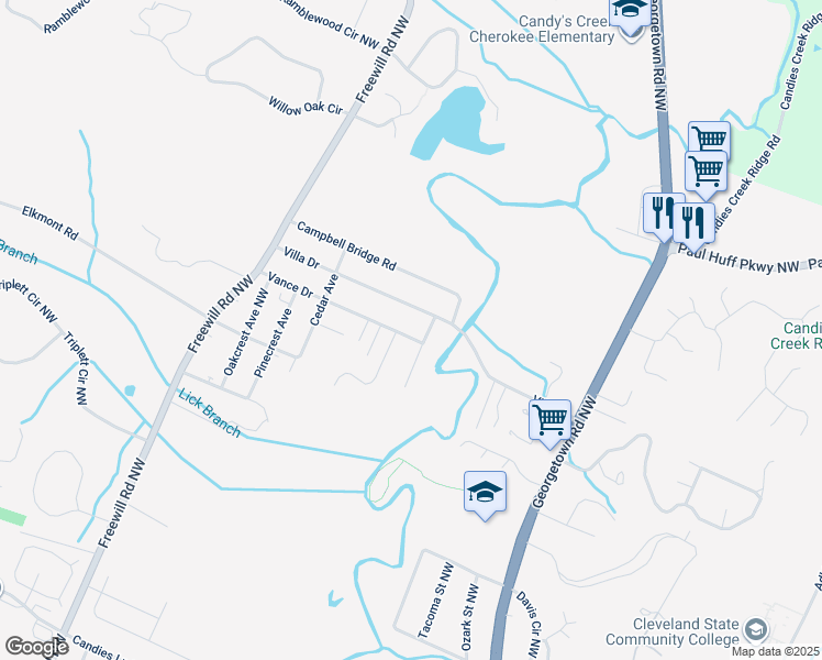 map of restaurants, bars, coffee shops, grocery stores, and more near 2510 Vance Drive in Cleveland