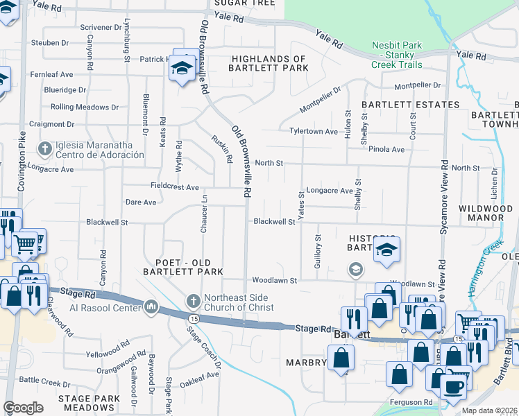 map of restaurants, bars, coffee shops, grocery stores, and more near 3124 Old Brownsville Road in Memphis
