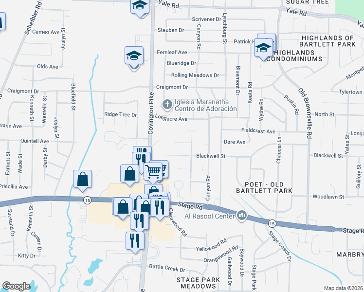 map of restaurants, bars, coffee shops, grocery stores, and more near 5139 Kemel Lane in Memphis