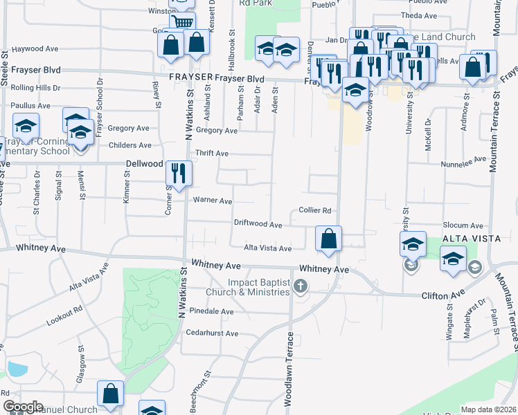 map of restaurants, bars, coffee shops, grocery stores, and more near 3139 Aden Street in Memphis