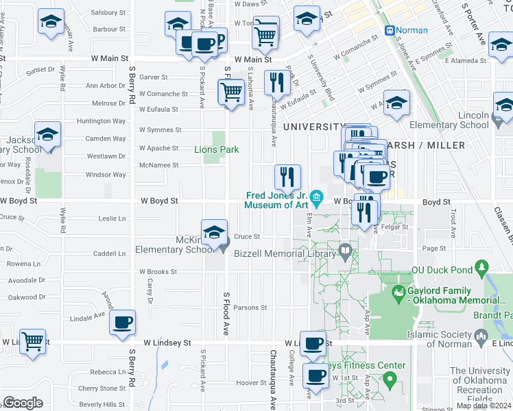 map of restaurants, bars, coffee shops, grocery stores, and more near 606 Chautauqua Avenue in Norman