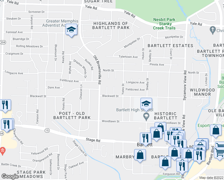 map of restaurants, bars, coffee shops, grocery stores, and more near 3121 Marr Cove in Bartlett