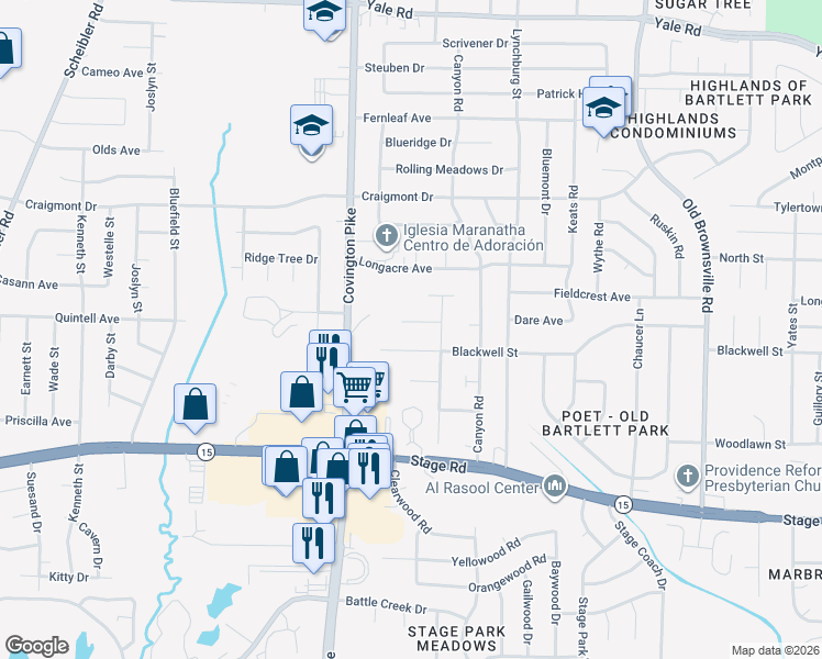 map of restaurants, bars, coffee shops, grocery stores, and more near 5139 Kemel Lane in Memphis