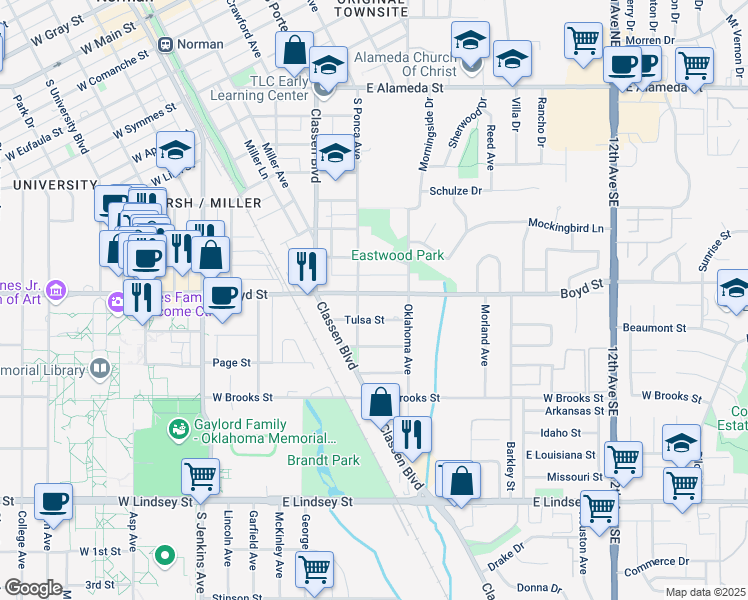 map of restaurants, bars, coffee shops, grocery stores, and more near 612 Boyd Street in Norman