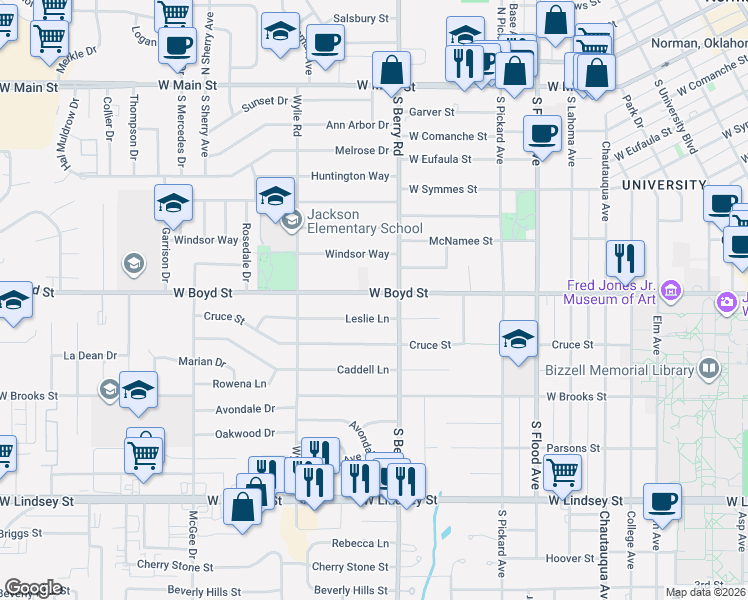 map of restaurants, bars, coffee shops, grocery stores, and more near 700 South Berry Road in Norman