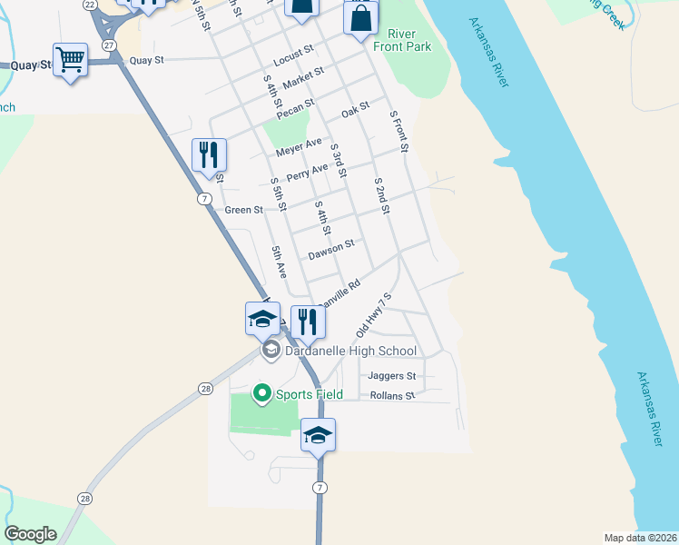 map of restaurants, bars, coffee shops, grocery stores, and more near 100 Love Street in Dardanelle