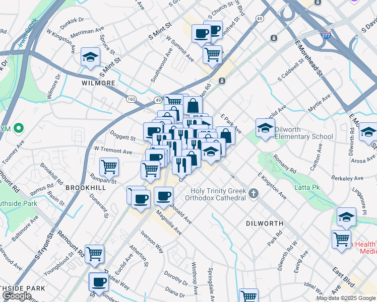 map of restaurants, bars, coffee shops, grocery stores, and more near 1817 South Boulevard in Charlotte