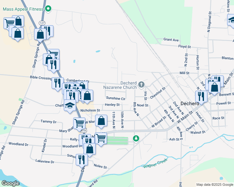 map of restaurants, bars, coffee shops, grocery stores, and more near 65 Sunshine Dr in Decherd