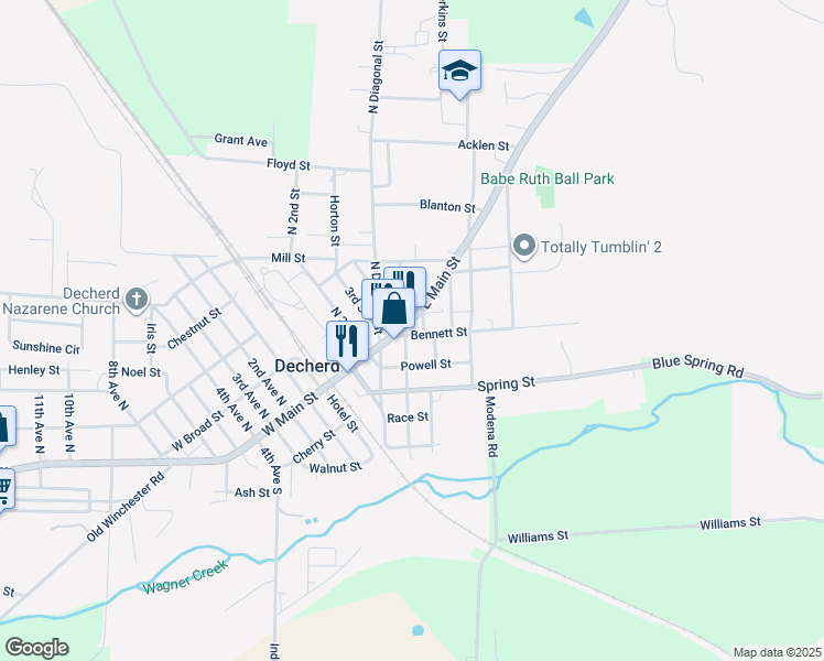 map of restaurants, bars, coffee shops, grocery stores, and more near 500 East Main Street in Decherd