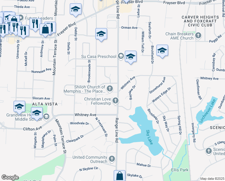 map of restaurants, bars, coffee shops, grocery stores, and more near 3131 Range Line Road in Memphis