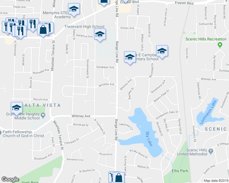 map of restaurants, bars, coffee shops, grocery stores, and more near 3131 Range Line Road in Memphis