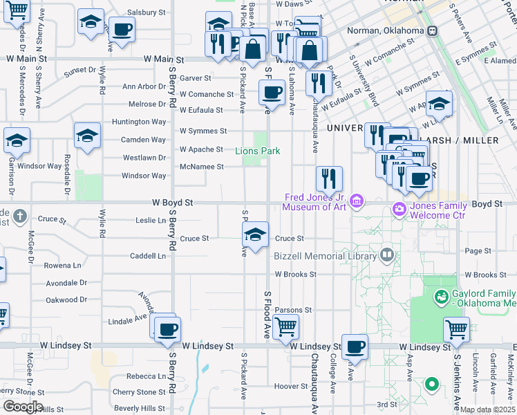 map of restaurants, bars, coffee shops, grocery stores, and more near 910 West Boyd Street in Norman