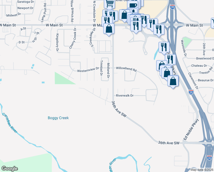 map of restaurants, bars, coffee shops, grocery stores, and more near 600 Shadow Crest Court in Norman