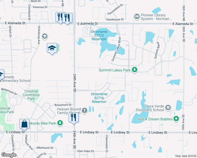 map of restaurants, bars, coffee shops, grocery stores, and more near 601 Smalley Drive in Norman