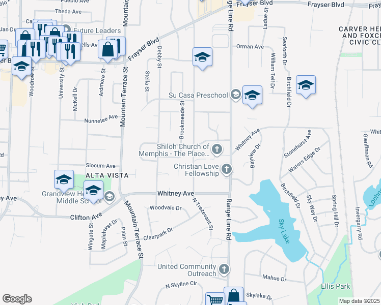map of restaurants, bars, coffee shops, grocery stores, and more near 3131 North Trezevant Street in Memphis