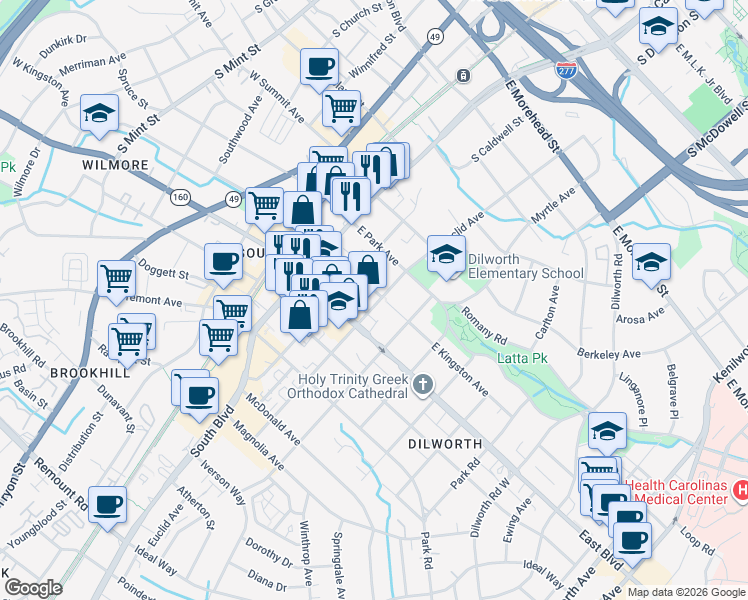 map of restaurants, bars, coffee shops, grocery stores, and more near 330 East Kingston Avenue in Charlotte