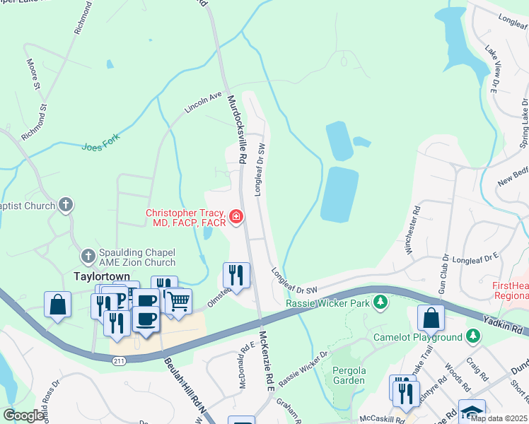 map of restaurants, bars, coffee shops, grocery stores, and more near 2501 Longleaf Drive Southwest in Pinehurst