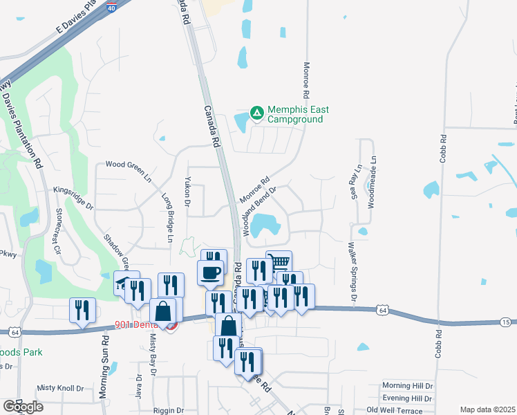 map of restaurants, bars, coffee shops, grocery stores, and more near 9913 Woodland Bend Drive in Lakeland