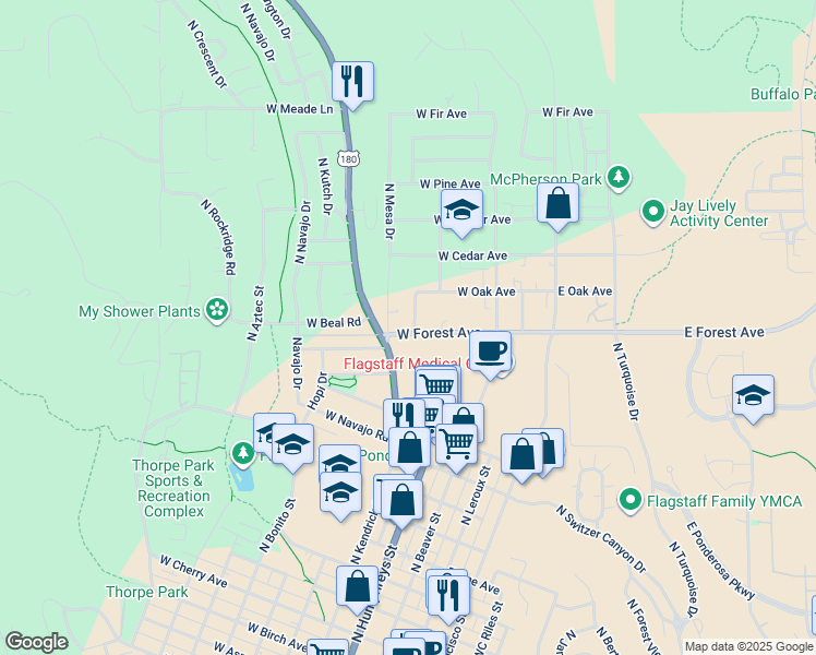 map of restaurants, bars, coffee shops, grocery stores, and more near 404 West Forest Avenue in Flagstaff