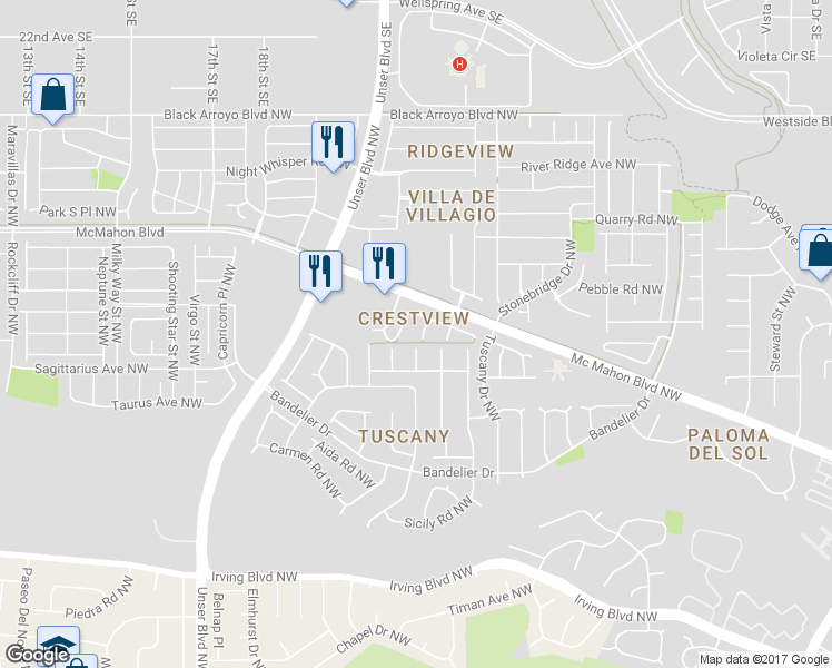 map of restaurants, bars, coffee shops, grocery stores, and more near 10639 Fountain Court Northwest in Albuquerque