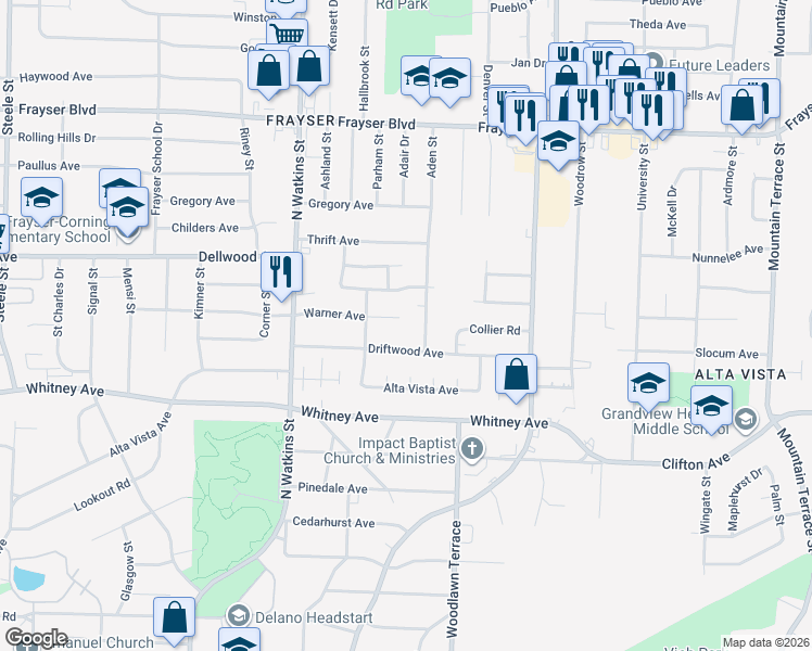 map of restaurants, bars, coffee shops, grocery stores, and more near 3139 Aden Street in Memphis
