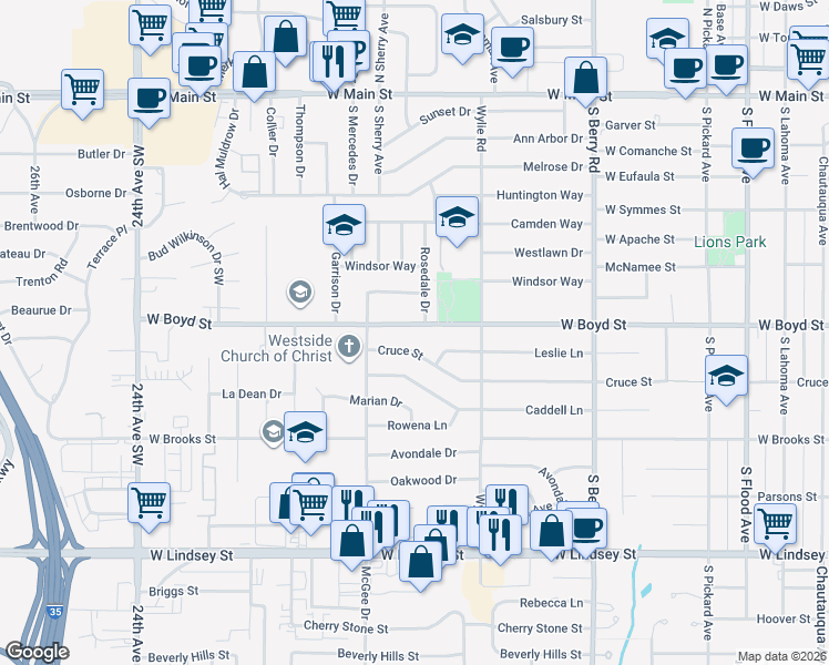map of restaurants, bars, coffee shops, grocery stores, and more near 1616 West Boyd Street in Norman