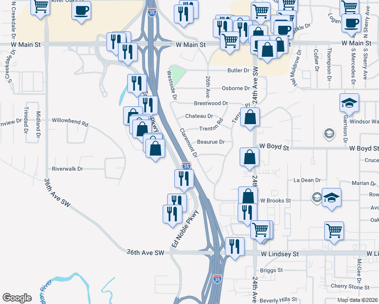 map of restaurants, bars, coffee shops, grocery stores, and more near 608 Claremont Drive in Norman
