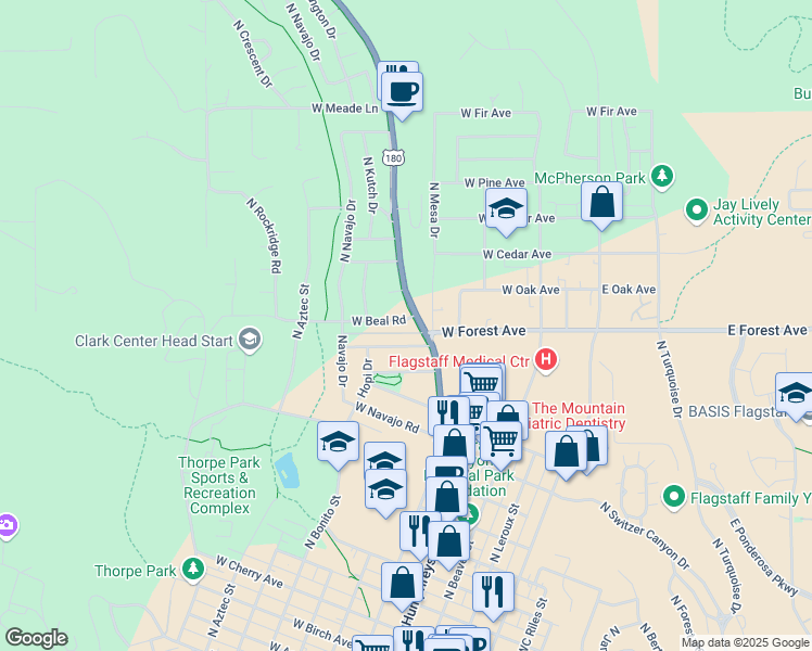 map of restaurants, bars, coffee shops, grocery stores, and more near 515 West Beal Road in Flagstaff