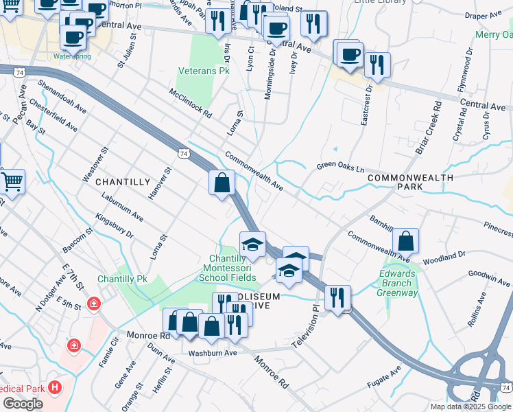 map of restaurants, bars, coffee shops, grocery stores, and more near 2734 Commonwealth Avenue in Charlotte