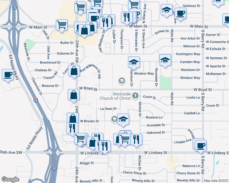 map of restaurants, bars, coffee shops, grocery stores, and more near 2040 West Boyd Street in Norman