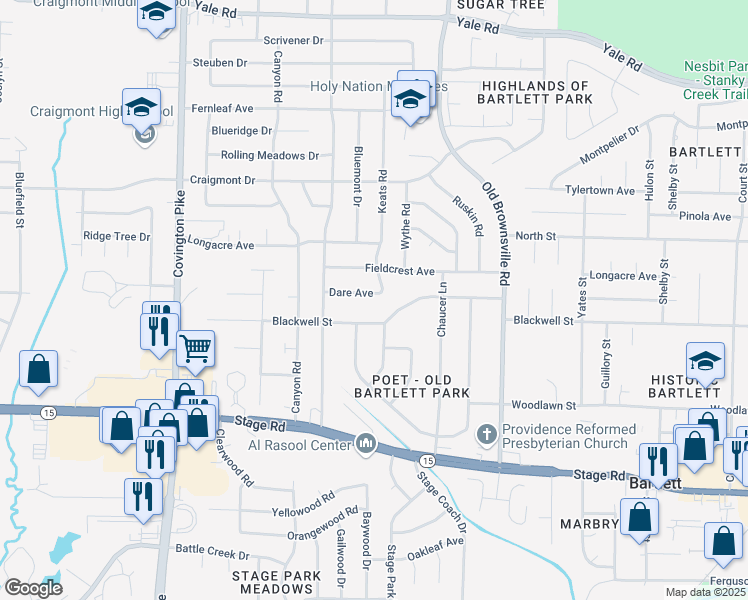 map of restaurants, bars, coffee shops, grocery stores, and more near 5317 Dare Avenue in Memphis