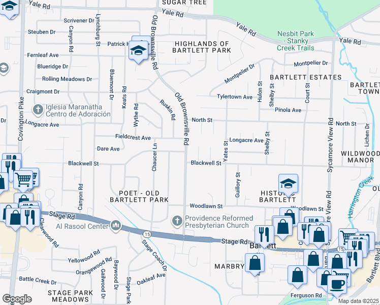map of restaurants, bars, coffee shops, grocery stores, and more near 3124 Old Brownsville Road in Memphis