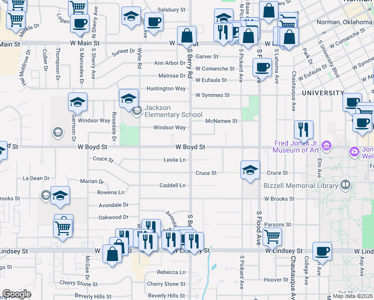 map of restaurants, bars, coffee shops, grocery stores, and more near 700 South Berry Road in Norman