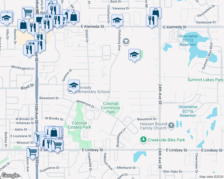 map of restaurants, bars, coffee shops, grocery stores, and more near 603 Vicksburg Avenue in Norman