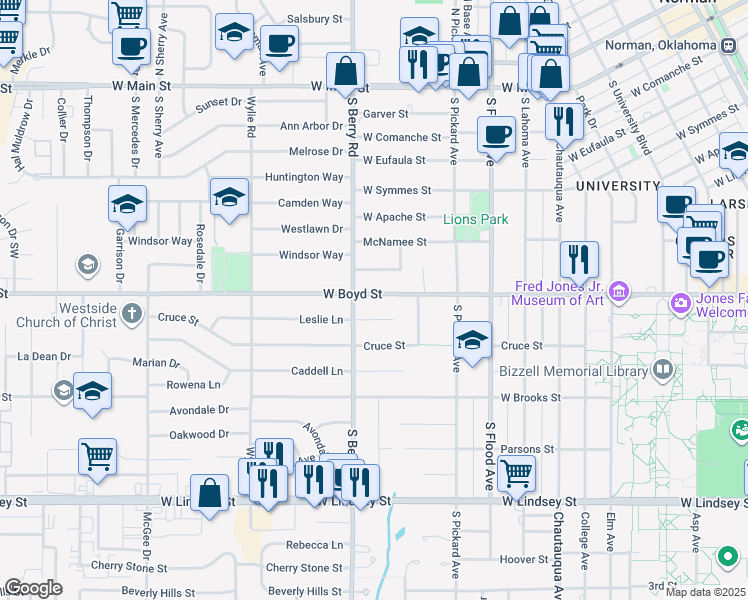 map of restaurants, bars, coffee shops, grocery stores, and more near 1036 West Boyd Street in Norman