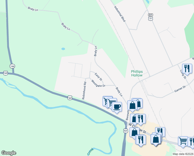 map of restaurants, bars, coffee shops, grocery stores, and more near 107 Easy Street in Pulaski