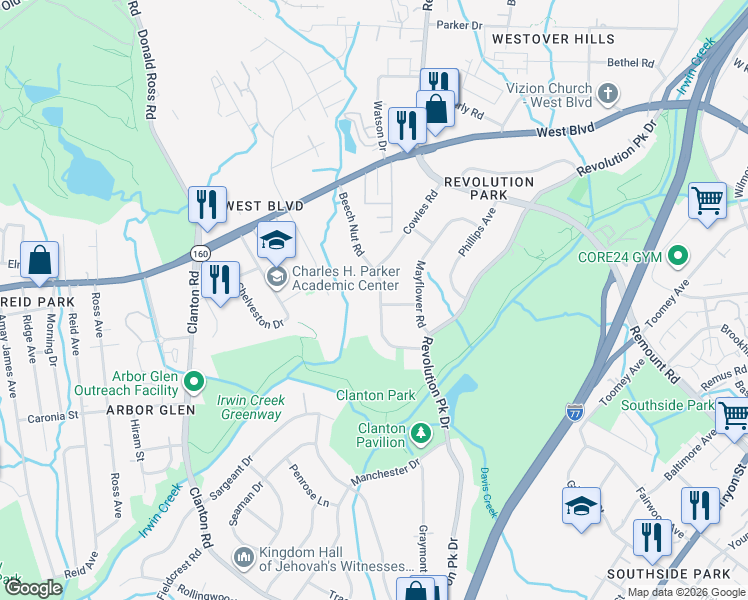 map of restaurants, bars, coffee shops, grocery stores, and more near 2830 Beech Nut Road in Charlotte