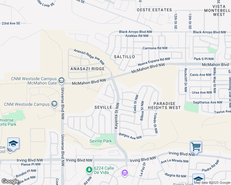 map of restaurants, bars, coffee shops, grocery stores, and more near 10540 Calle Merida Northwest in Albuquerque