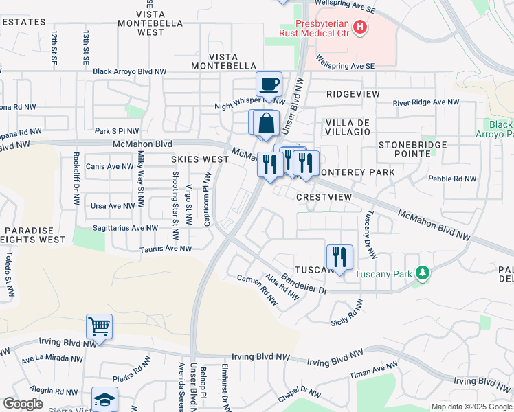 map of restaurants, bars, coffee shops, grocery stores, and more near 99999 Contess Road Northwest in Albuquerque